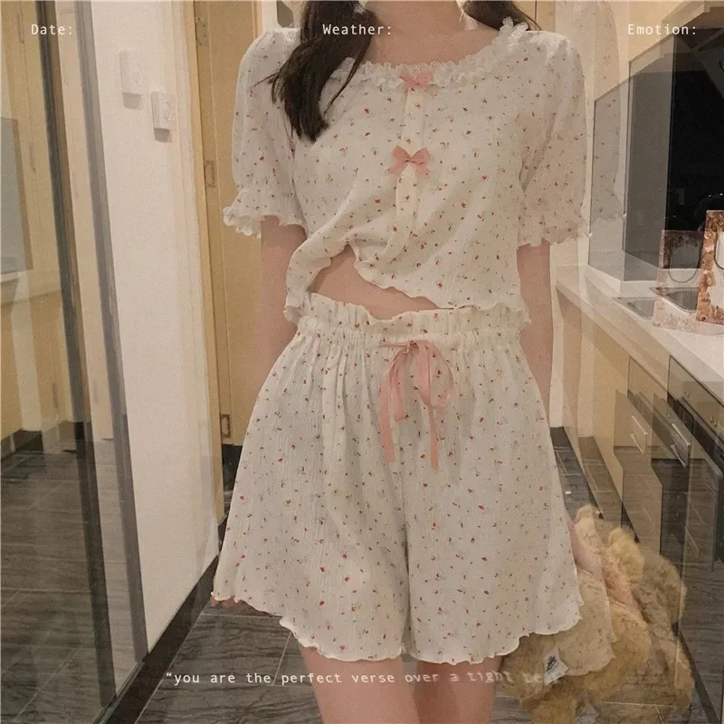 Gilrs Pajamas Summer Two Pieces Short Sleeve Thin Sweet Flower Elastic Waist Homewear Set Loose Soft Adjustable O-Neck with Bow