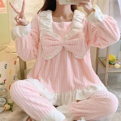 Coral Fleece Pajama Sets Women Winter Warm Sleepwear Long Sleeve Trouser Pajamas Flannel Thick Loungewear Korean Kawaii Clothes