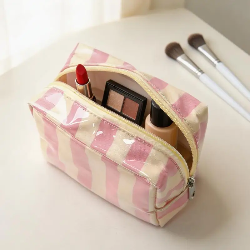 Mini PVC Gestreifte Kosmetiktasche Make-up-Tasche Wasserdichte Reise-Toilettentasche Make-up-Pinsel-Etui – Detail 2