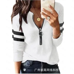 Women V Neck Fashion Casual Pullover Striped Print Zipper Front Long Sleeve Top Tops