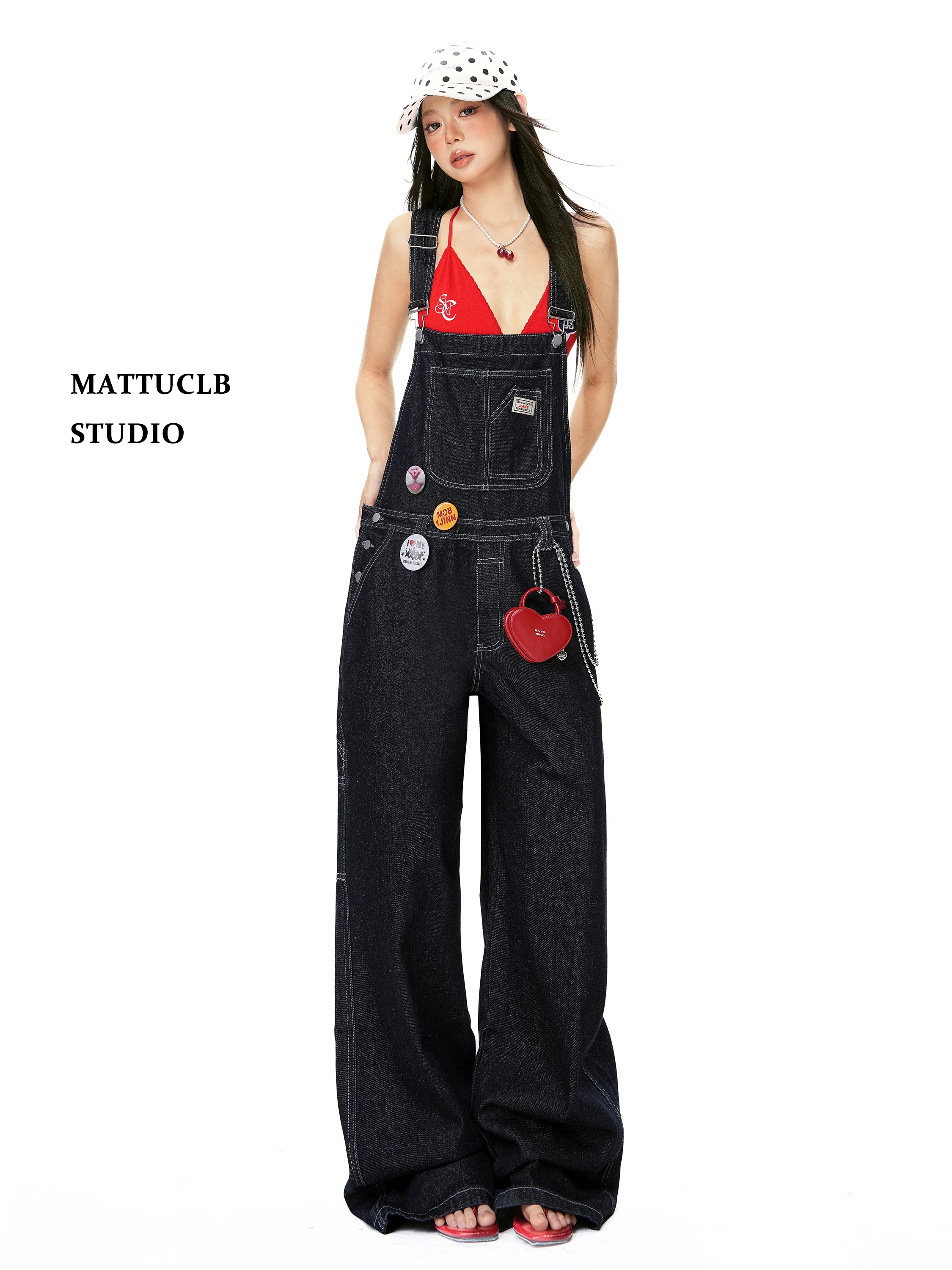 

MATTUCLB American Retro Deep Blue Denim Overalls Women's Wide Leg Jumpsuit Spring Lazy Sle High Waist Zipper Casual Jeans