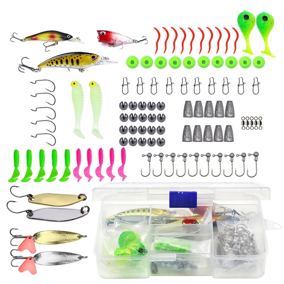 Fishing Lures Kit Freshwater Bait Tackle Bass Trout Salmon Fishing Accessories Box Including Spoon Lures Soft Plastic Worms