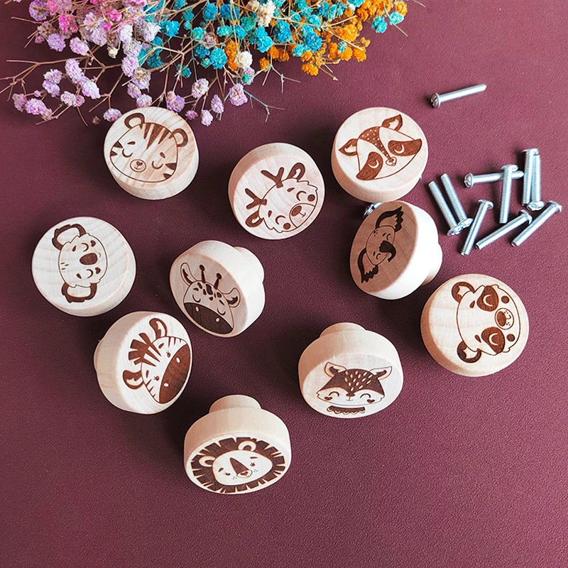 Eco-Friendly Wooden Engraved Animals Pattern Dresser Drawer Knobs Cabinet Pull Nature Wood Kids Children Room Furniture Handles