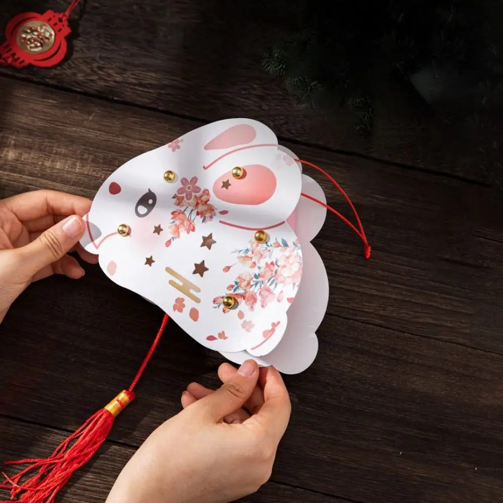 Chinese DIY Mid-Autumn Lantern Handmade Vintage Light-Up Bunny Lantern Papper with LED Light Mid-Autumn Festival Rabbit Lantern