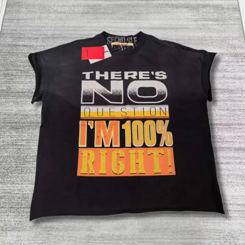 Retro Cracked Offset Print Contrasting Letter Washed Black Round Neck Short Sleeve SECND SLF Tshirt Men Women Oversize Waistcoat