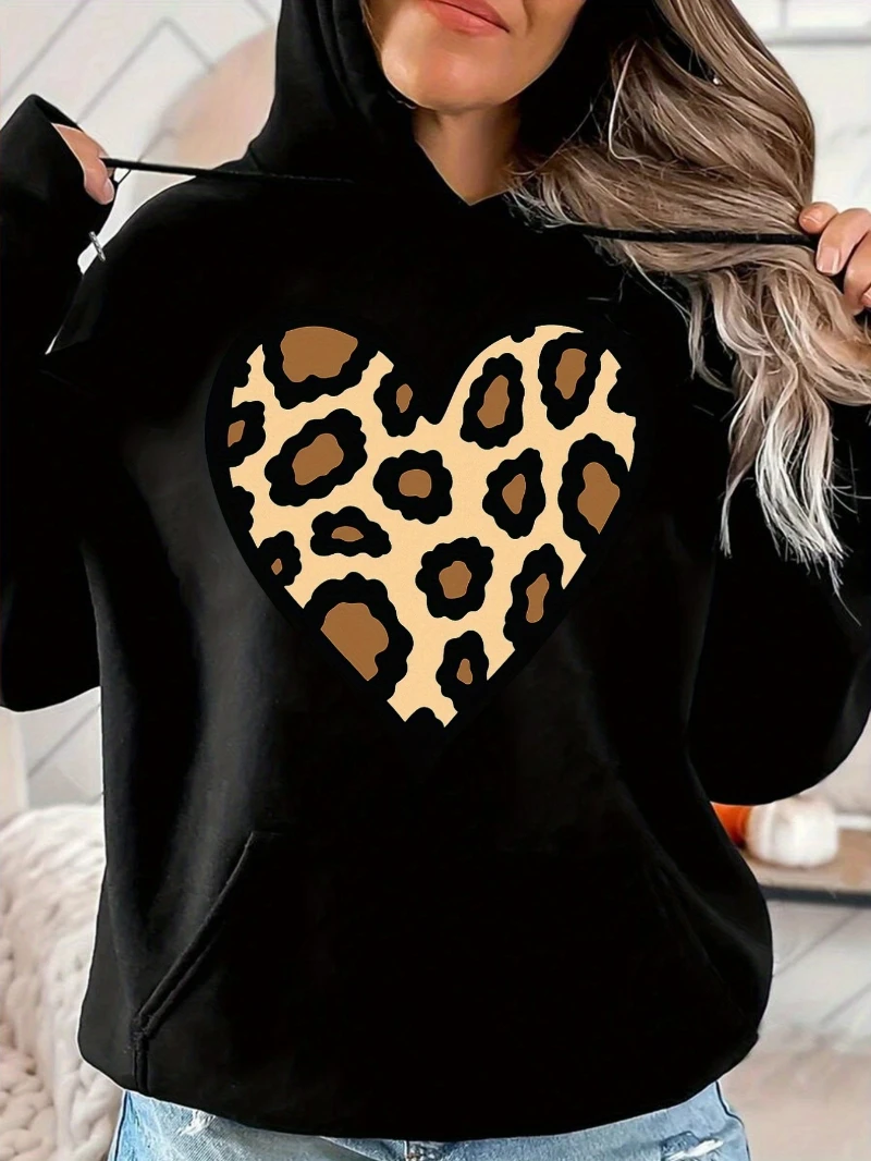 

2025 Autumn and Winter Leopard Print Heart Graphic Hooded Sweatshirt Black High-end Luxury Is for Both Men and Women Top Y2k