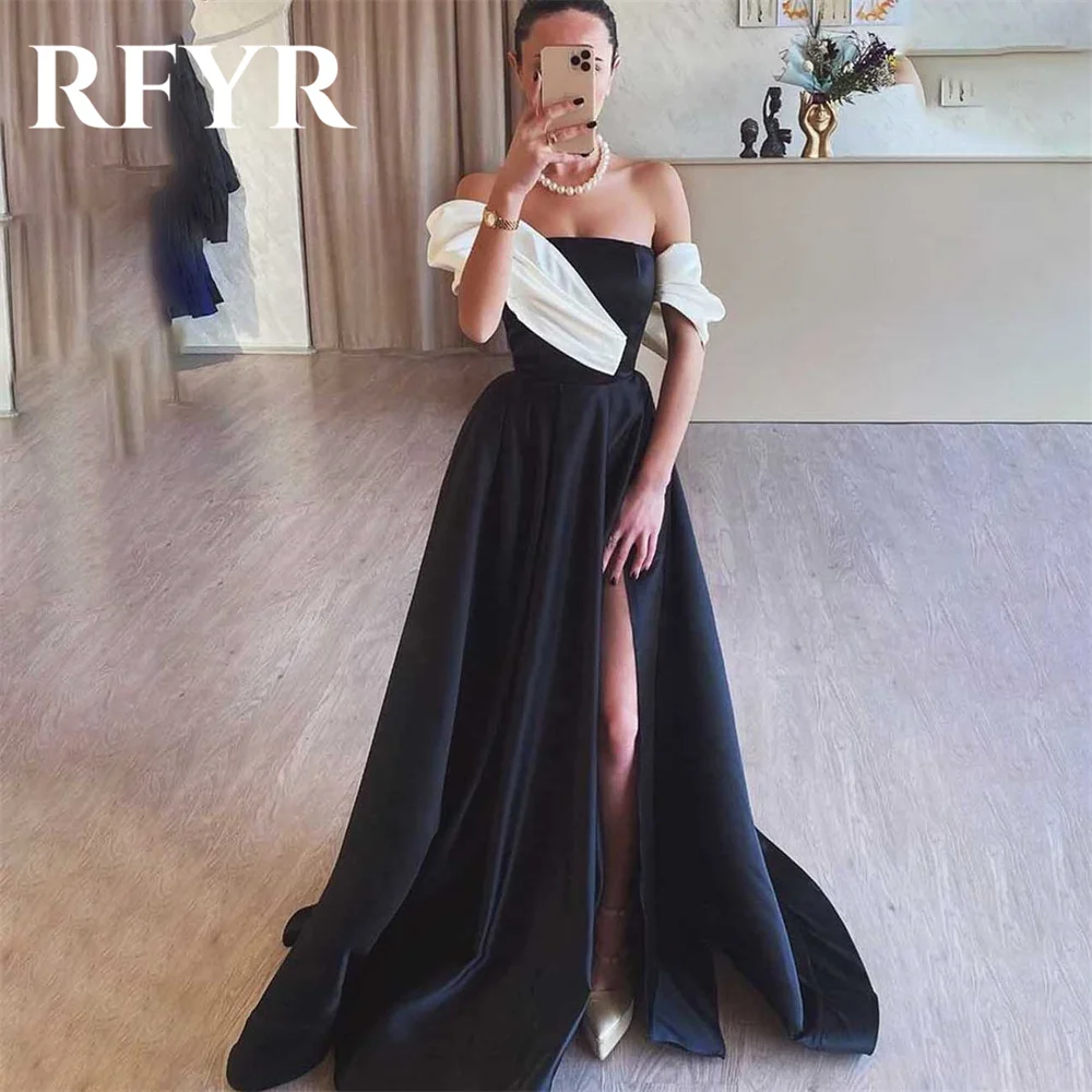 

RFYR Black Evening Gown A-Line Strapless Prom Dress Off The Shoulder Pleats Stain Evening Dress with Side Slit robes de soirée