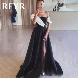 RFYR Black Evening Gown A-Line Strapless Prom Dress Off The Shoulder Pleats Stain Evening Dress with Side Slit robes de soirée