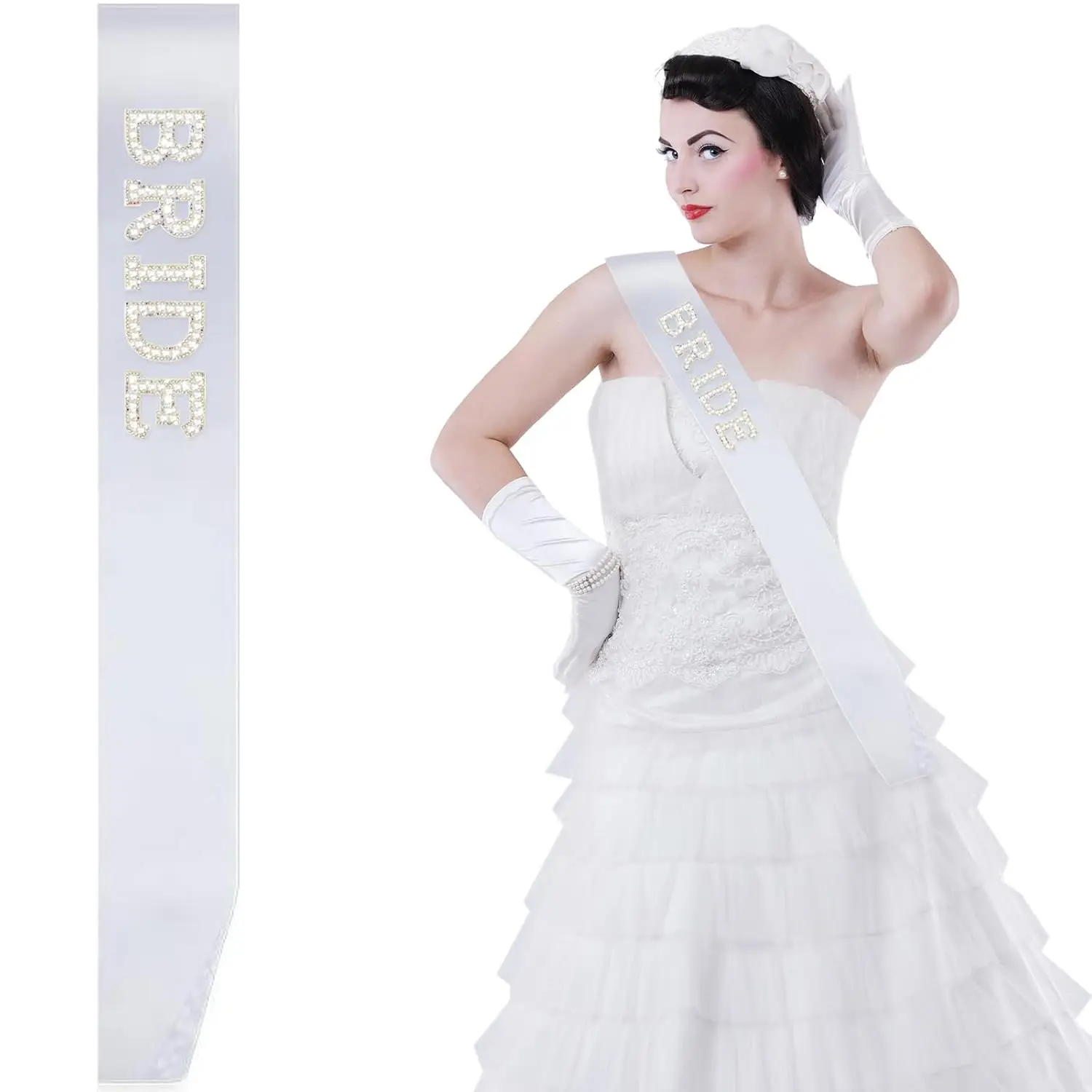 White Bride Sash with Pearls and Rhinestones Bachelorette Party Sash Bridal Shower Gift Wedding Party Decorations