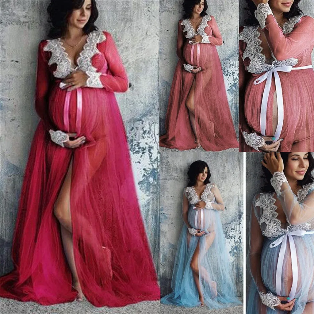 Maternity Dresses For Photo Shoot One-piece Mopping Dress For Pregnant Front Split Lace Pregnancy Photography Clothes Net Yarn