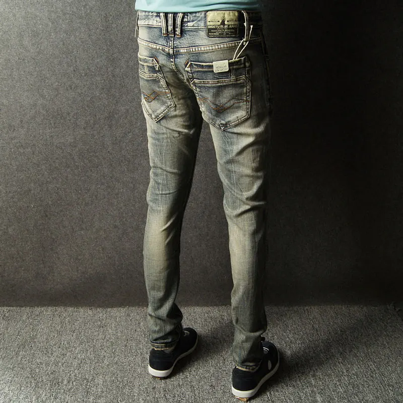 Fashion Designer Men Jeans Retro Washed Elastic Stretch Slim Fit Ripped Jeans Men Buttons Fly Italian Style Vintage Denim Pants