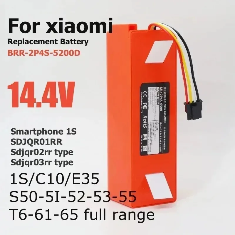 High-Capacity 14.4V 9800mAh Battery (BRR-2P4S-5200D) - Compatible with Roborock S50 S51 T4 T6 & For Xiaomi Mi Robot