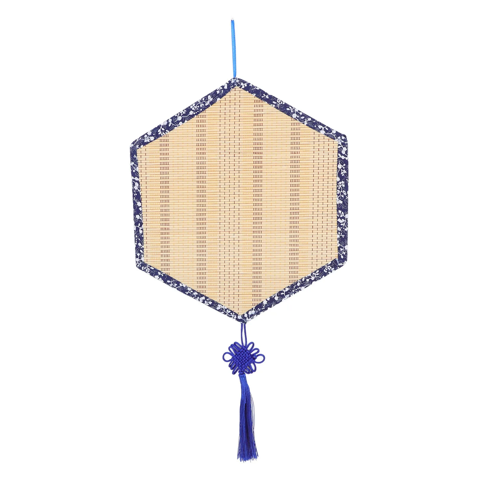 Vintage Handcrafted Bamboo Mat Wall Decor Blue Floral Trim Boho Pendant Home Garden Teahouse Dining Room Wall Decor