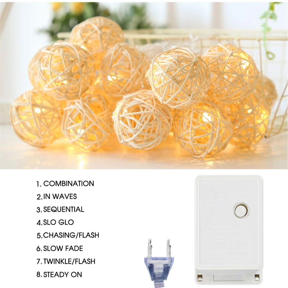 Rattan Ball LED String Light Fairy 5M 20Led Warm White Garland For Party Christmas Wedding Holiday Decoration