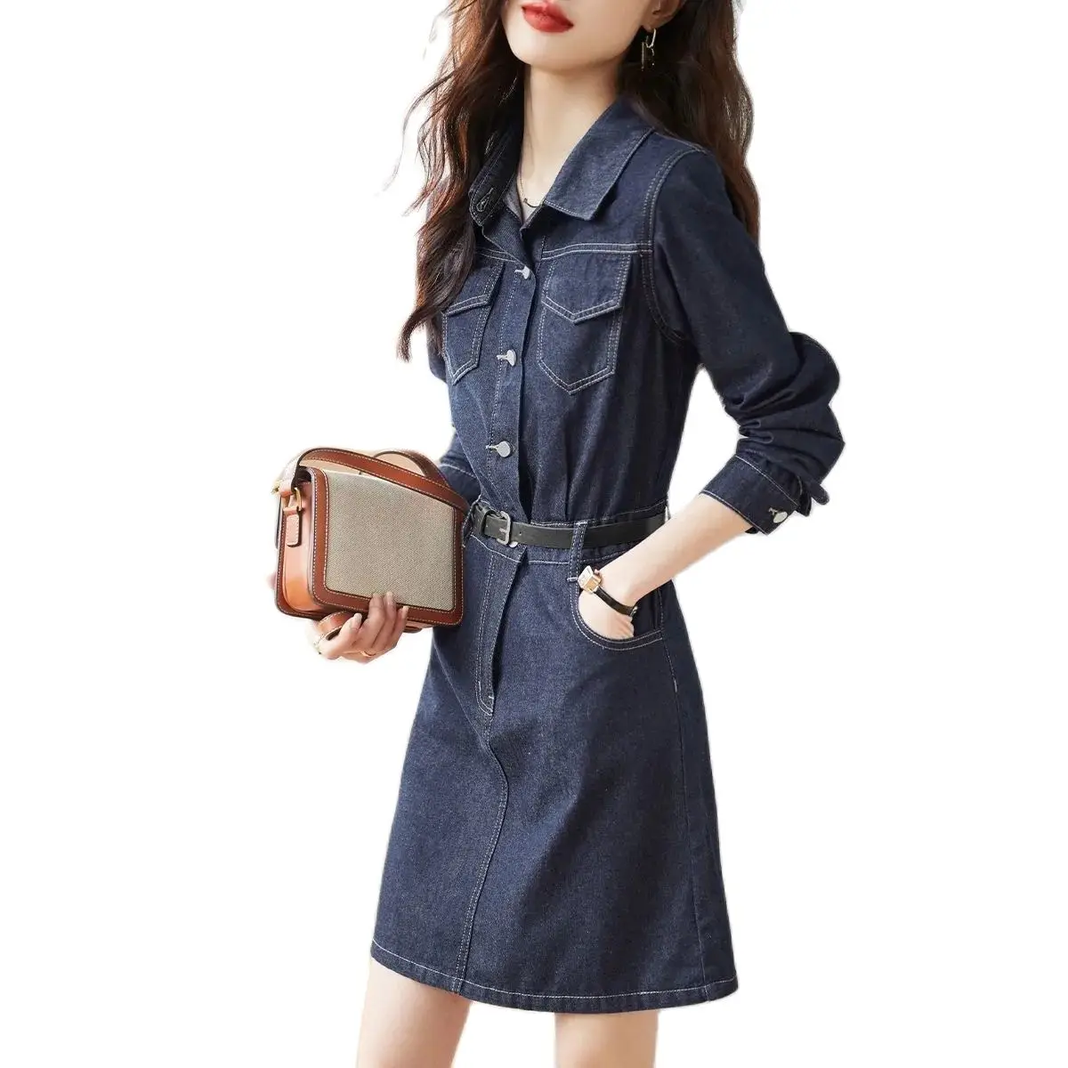 

Spring Autumn Long Sleeve Casual Pockets Loose New Fashion Daily Girls Wear Hot Women Denim Dress