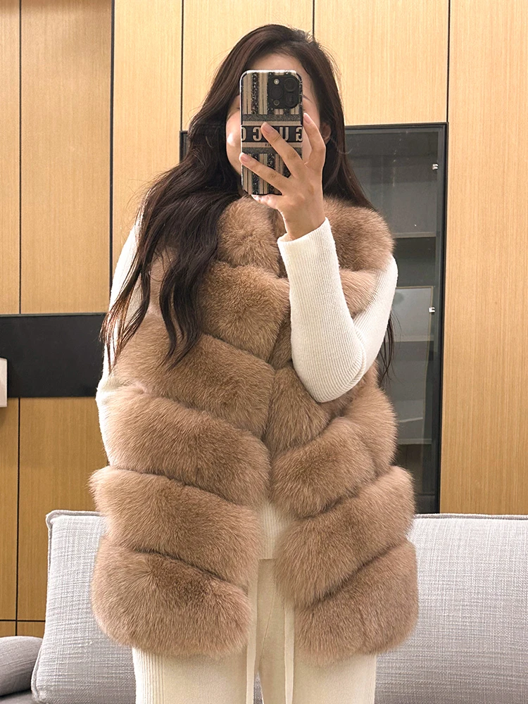 Natural Real Fox Fur Medium Length Overcoat Women\'s Warm Winter Jacket Vest Luxury Furry Autumn Big Size Solid Color CoatXS-10XL