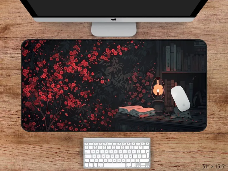 Dark Pastoral Library Desk Mat,red Floral Mouse Pad,perfect for Cozy Office Decor,magical Red Flower Deskmat,warm Country Style