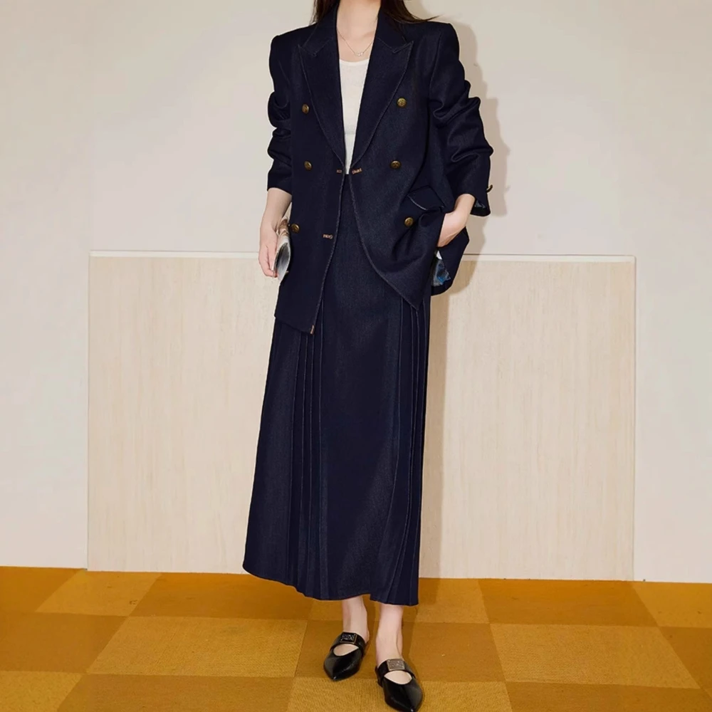 TWOTWINSTYLE Darkblue تقسم أزرار قطعتين مجموعة الإناث التلبيب كم طويل سترة الشارع الشهير الرجعية المرأة تنورة مجموعة الموضة #3