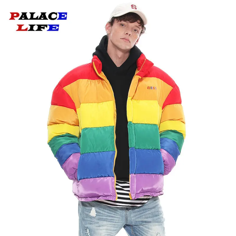 Hip Hop ขนาดใหญ่ Parka เสื้อแจ็คเก็ตผู้ชายผู้หญิง Streetwear Harajuku สายรุ้ง Patchwork แจ็คเก็ตฤดูหนาว Casual หลวม Outwear Tops