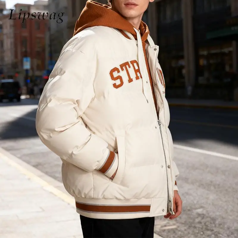 

Stylish Letter Embroidered Puffer Jacket Mens Fall Winter Warm Outerwear Vintage Patchwork Hooded Down Jackets Fashion Men Coats