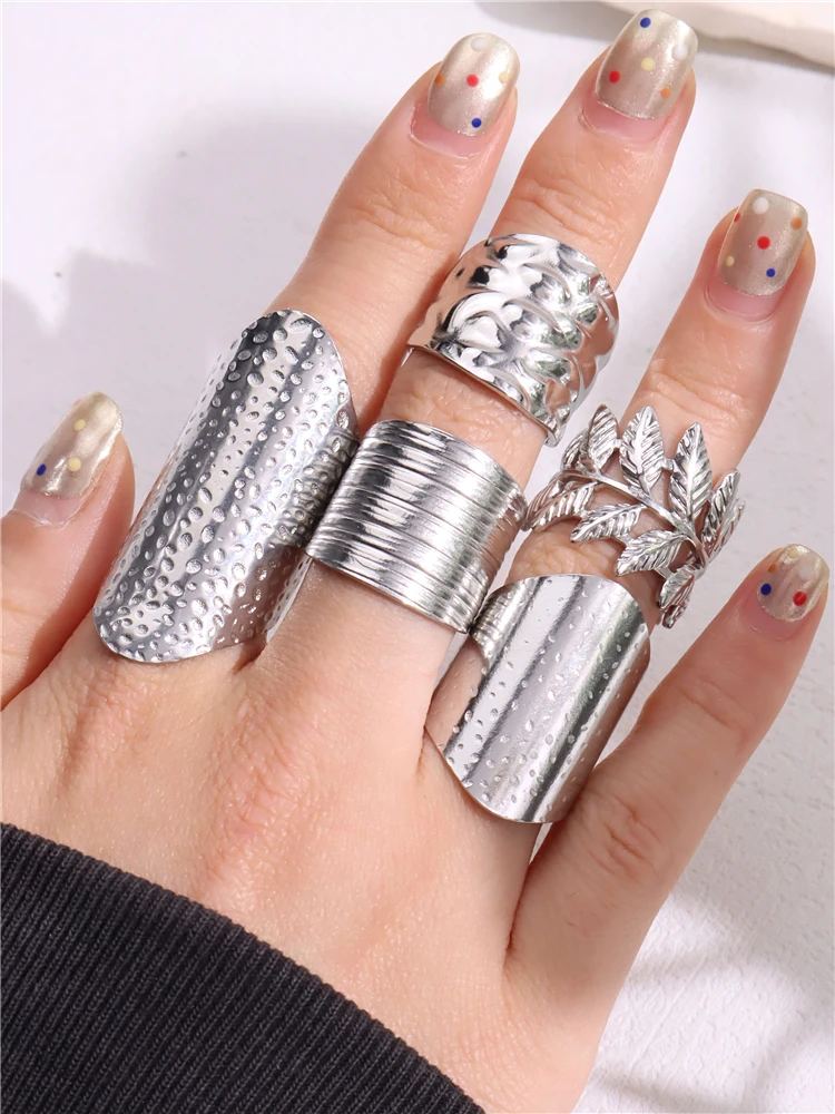 HUANZHI Silver Color Stainless Steel Geometric Irregular Wide Face Spotted Thick Chunky Rings for Women Waterproof Jewelry New