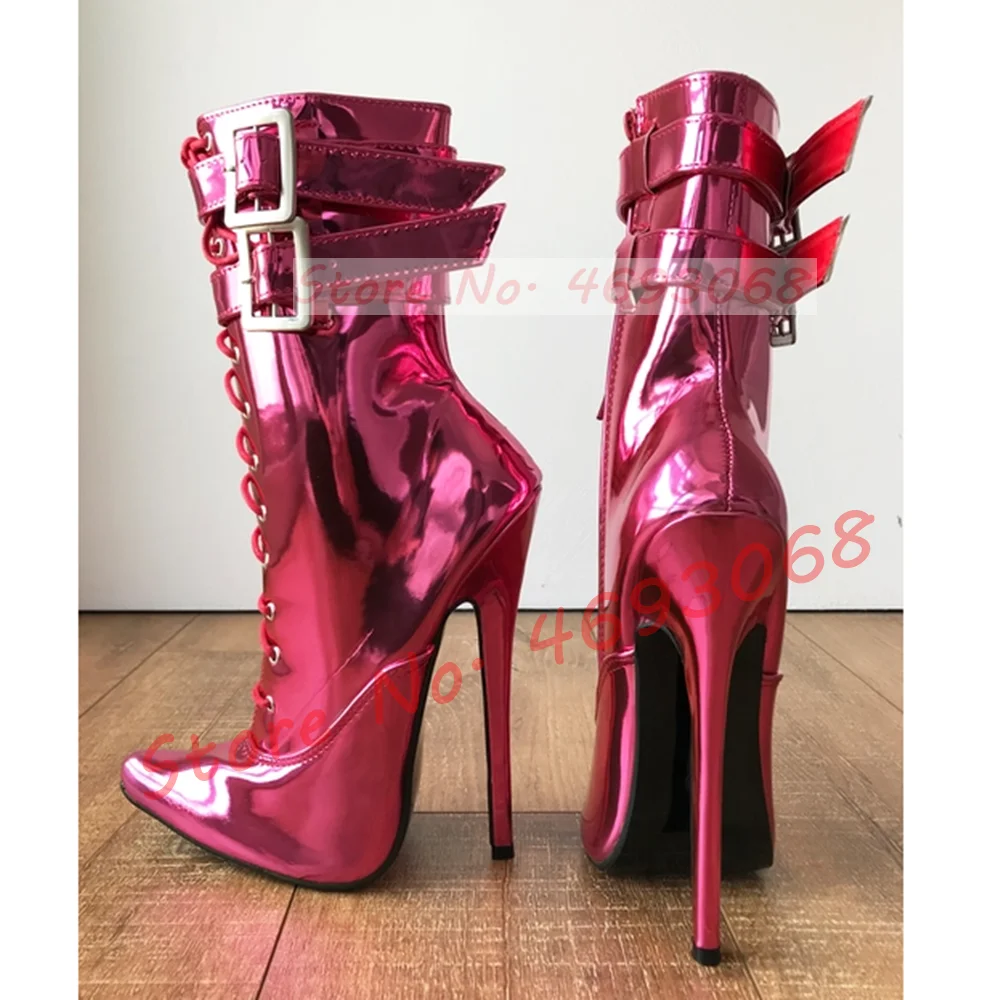 Maid's 16cm Pink Metallic Stiletto Ankle Boots With Double Wrap Buckle Strap Sexy Lady Pointy Toe Party Performance Shiny Shoes