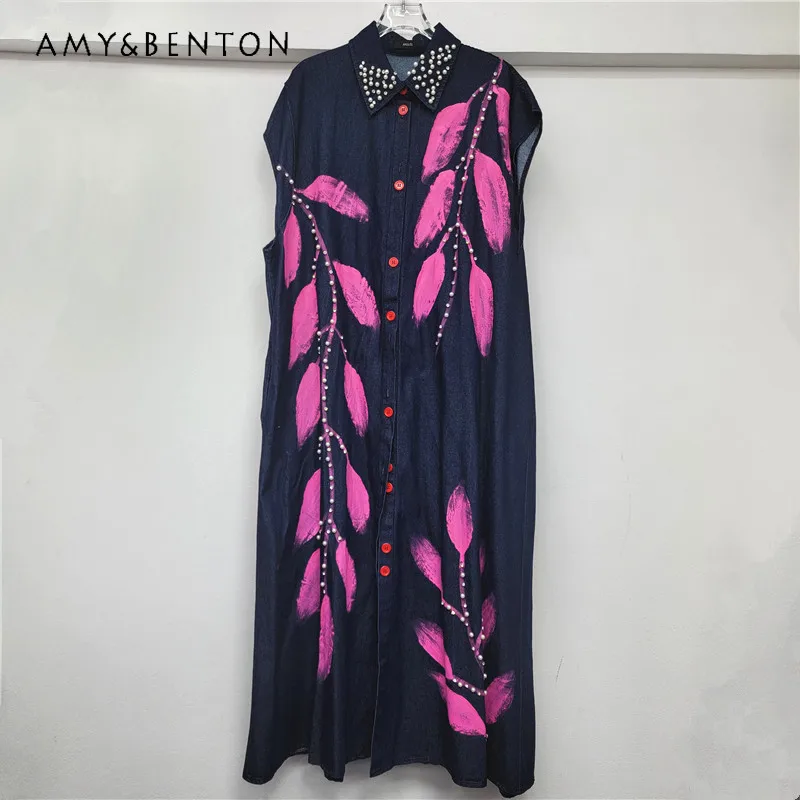 

2025 Autumn New Design Women's Denim vestidos Loose Hand-painted Print Beaded Long Dress Fashion Slimming Vacation Style Dresses
