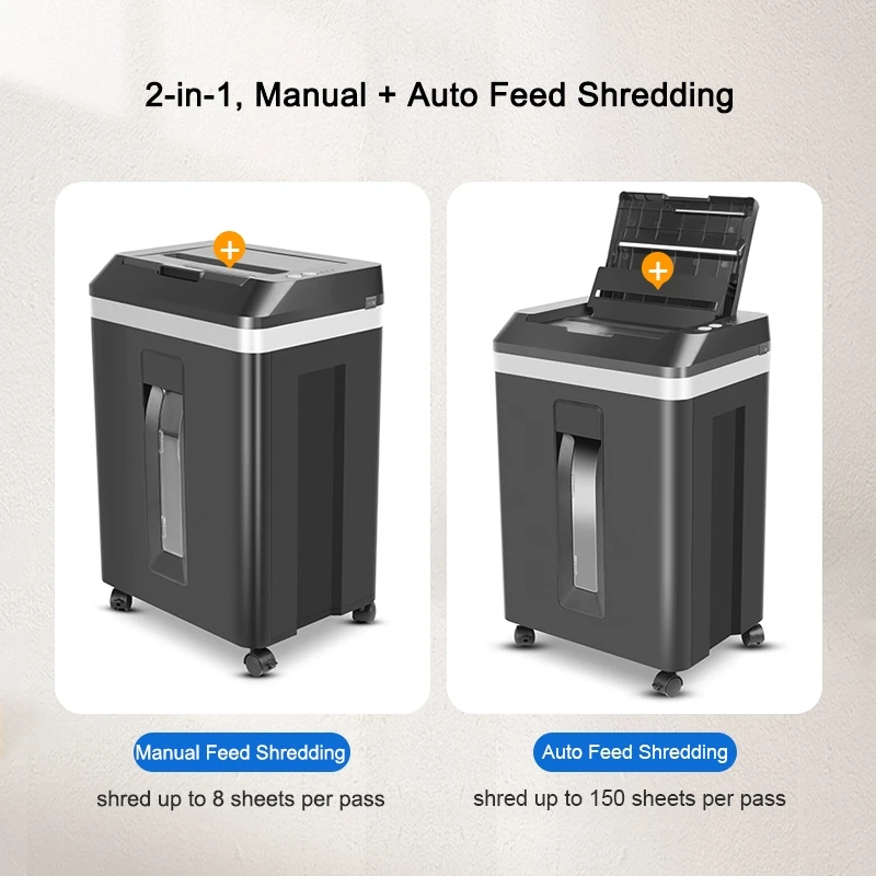 High Security Level Office Automatic 150 Sheet Paper Shredder With Feeder 20L P-5 Pull Out Bin CD Document Destroyer For Cards