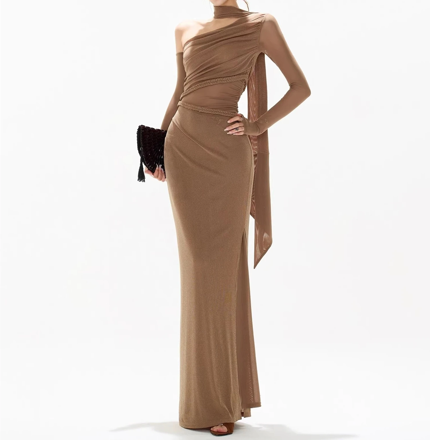 

Light Brown Mesh Elegant Asymmetry Neck Dress Women Long Sleeve Summer Vacation Streetwear Chic Maxi Vestidos Bodycon