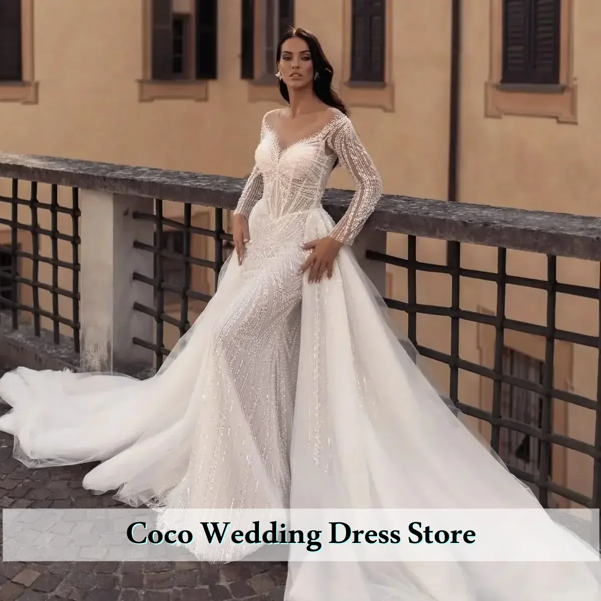 فساتين زفاف فاخرة مخصصة قابلة للانفصال من الدانتيل والترتر تول حورية البحر فستان زفاف للحفلات المسائية فستان فيستدو دي نوفيا