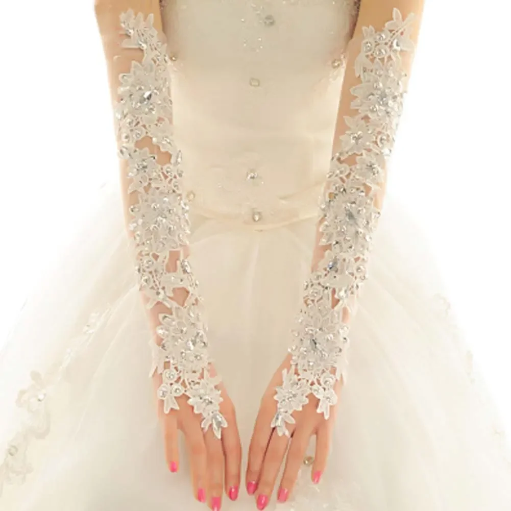 Fingerless Long Extra Lace Crystals Gloves Etiquette Gloves Mittens Wedding Club Prom Party Dancing Dress Glove