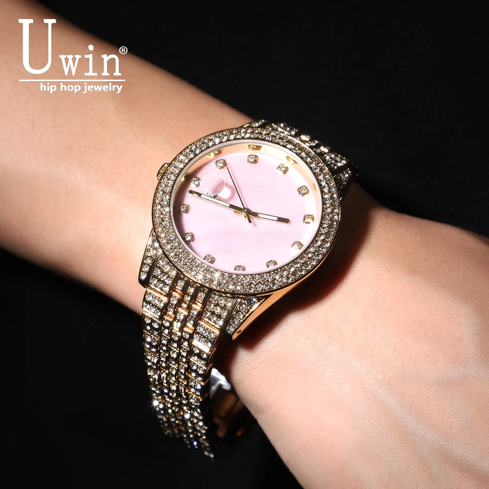 

Uwin перламутрово-розовый циферблат, двухцветные кварцевые часы со льдом, деловые водонепроницаемые часы для мужчин и женщин