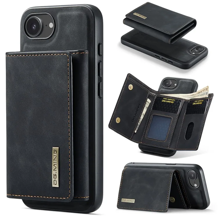 

DG.MING M1 Series для iPhone 16e Чехол с подставкой из искусственной кожи для телефона со съемным кошельком - черный