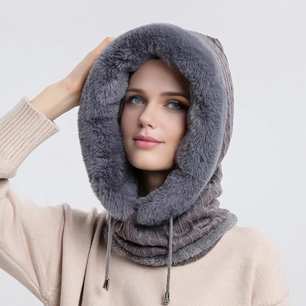 Weather Hat Insulated Winter Cap Fleece Lined Knitted Hat Set with Adjustable Drawstring Plush Trim Face Guard Scarf for Weather