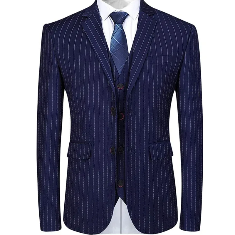 Mens 3 Piece Suit Formal Pinstripe Slim Fit Notched Lapel Dress Blazer Vest Trousers Set（Blazer+vest+Pants）