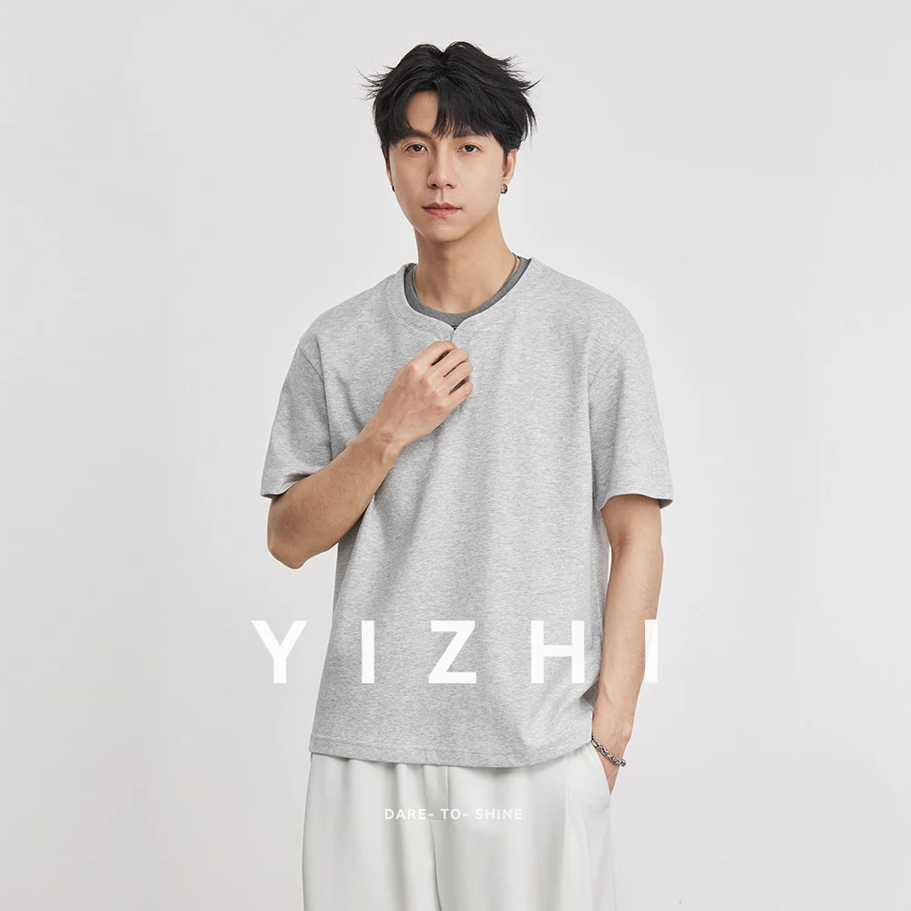 Men's 260g Heavyweight Fake Two-Piece Crew Neck Short Sleeve T-Shirt 2026 Summer Casual Drop Shoulder
