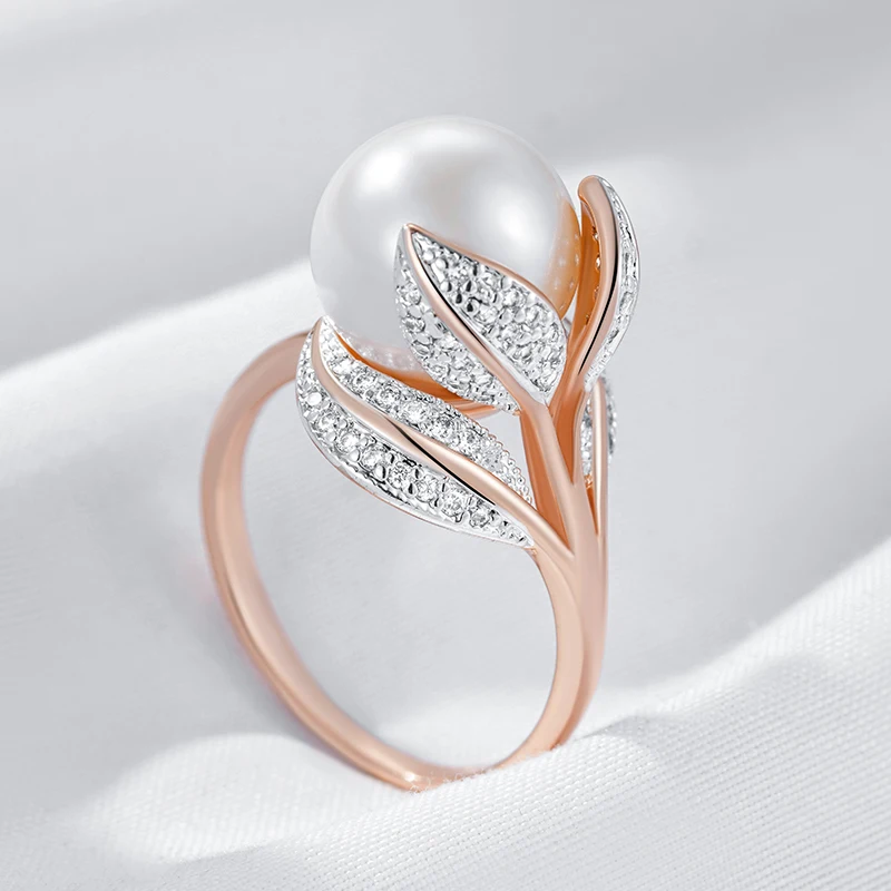 Wbmqda White Big Pearl Rings For Women 585 Rose Gold Color Luxury Wedding Zircon Jewelry Gifts view 6