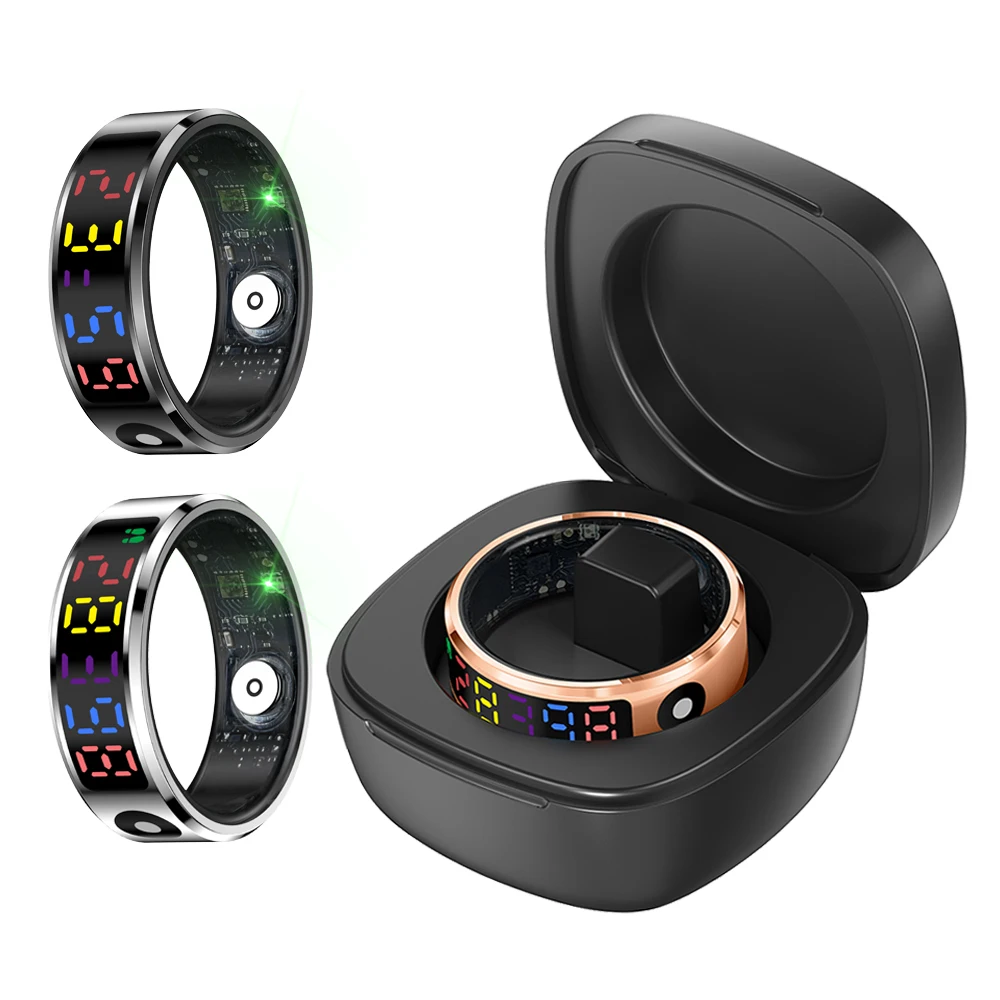 Smart Ring with Charging Case LED Display,Heart Rate Blood Oxygen Health Manager,5ATM Waterproof Multi Sport Modes For Men Women