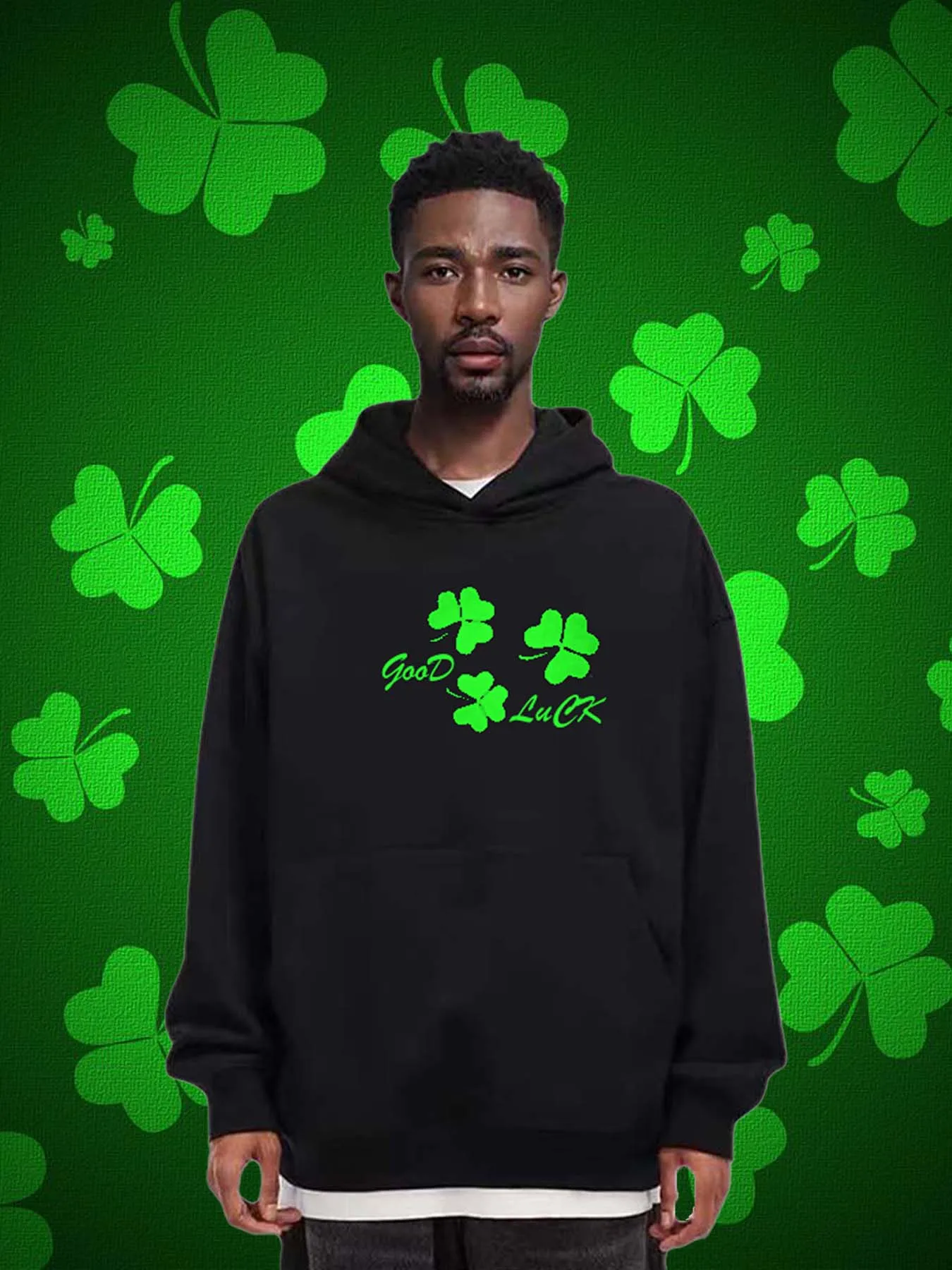 Good Luck St. Patrick's Day Printed Men's Hoodie Fall 280G Heavy Weight Sweatshirt Fashion Casual Sportswear