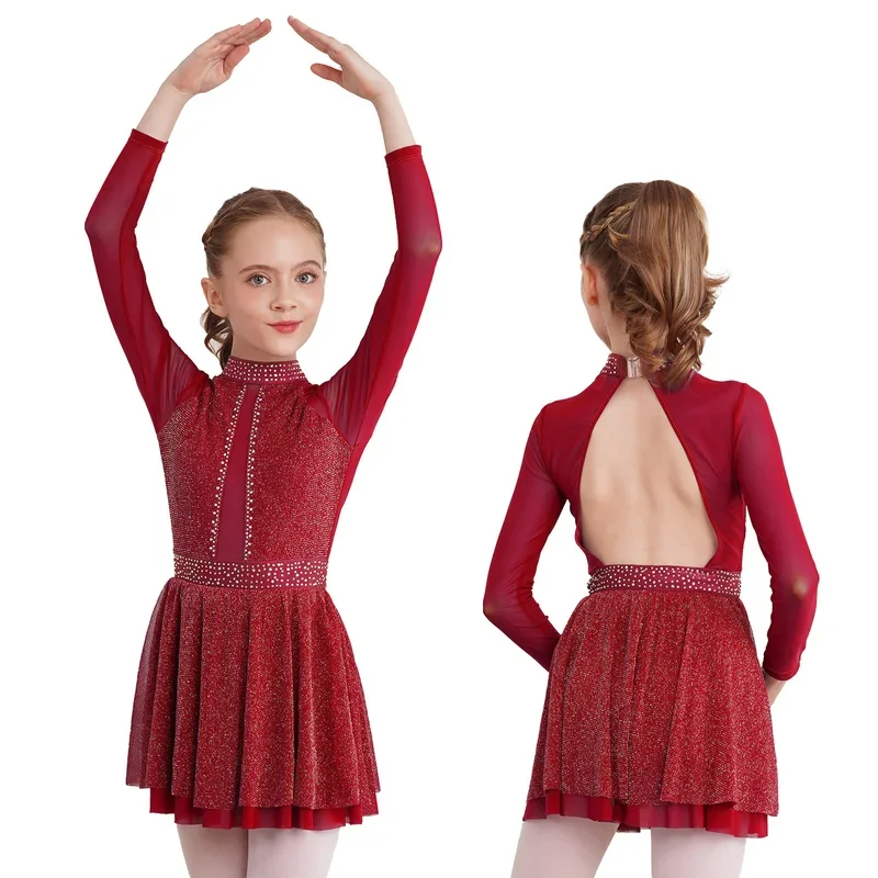 Kids Girls Ballet Lyrical Dance Dress Figure Ice Skating Performance Costume Long Sleeve Shiny Mesh Gymnastics Leotard Dancewear