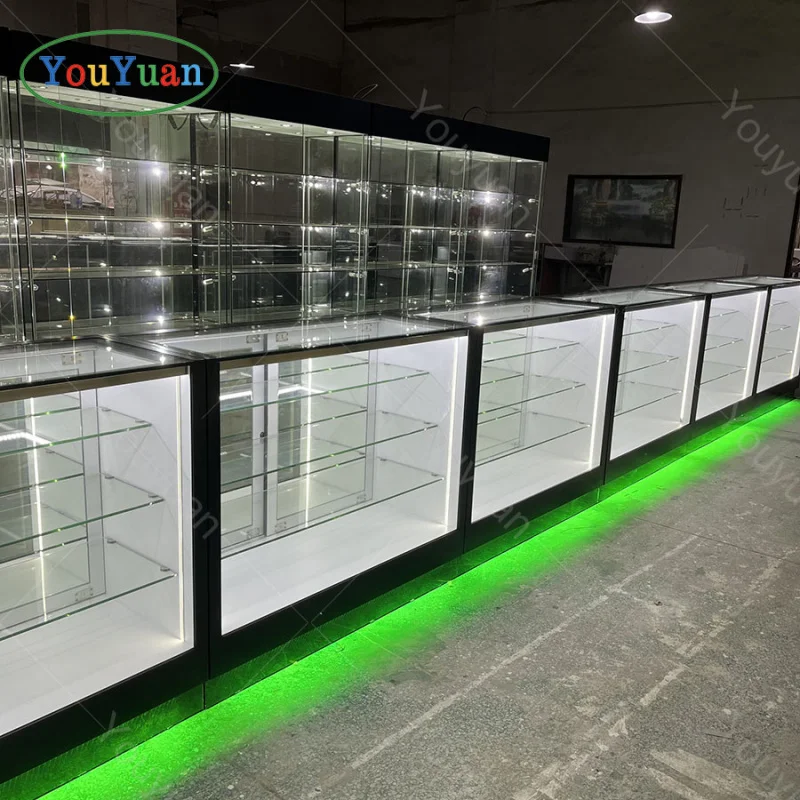 (Customized) retail boutique glass display cabinet with LED light cheap smoke shop display showcase