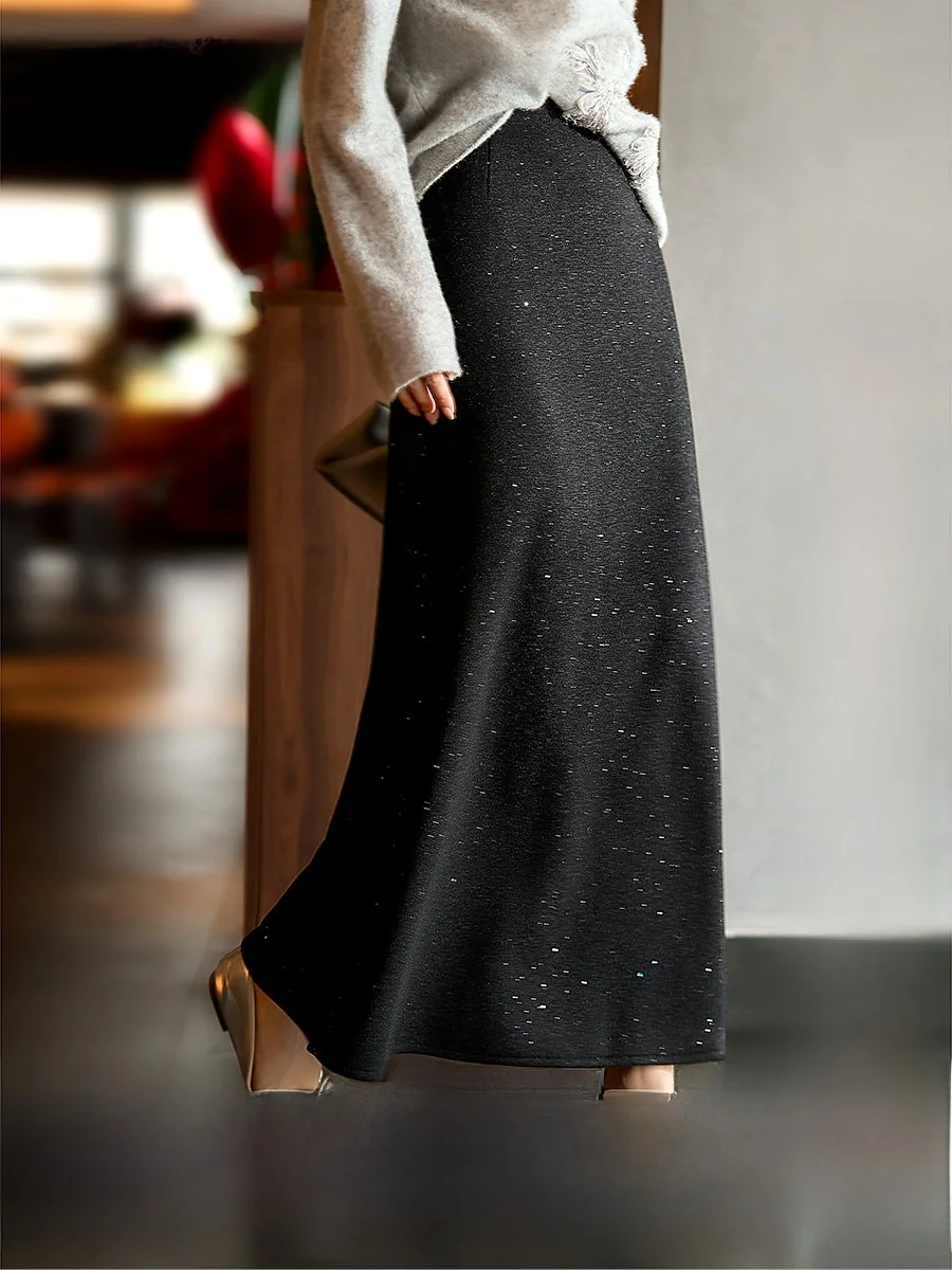 

Xhange High Waist Slimming Shiny Wool Blend Fish Tail Half Skirt Draping Black Dress Polyester Fiber Standard Fit Chinese Pro...