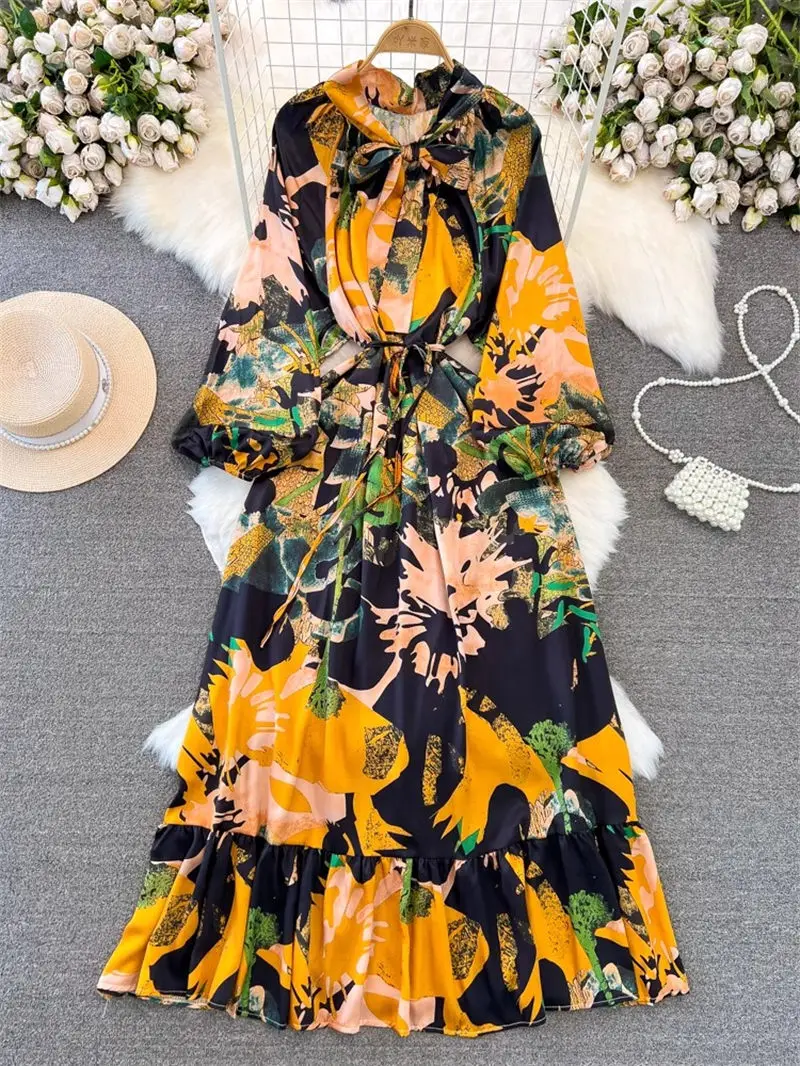 2024 Spring And Autumn Printed Dress Women's Temperament Long Sleeve Bow Tie Waist Slimming A-Line Maxi Dress Lace Up Robe Z4200