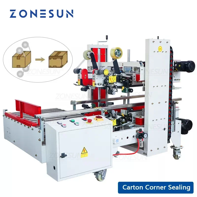 ZONESUN Automatic Carton Box Corner Sealing Machines Tape Sticker Four Sides Carton Edge Strapping Packing Machine