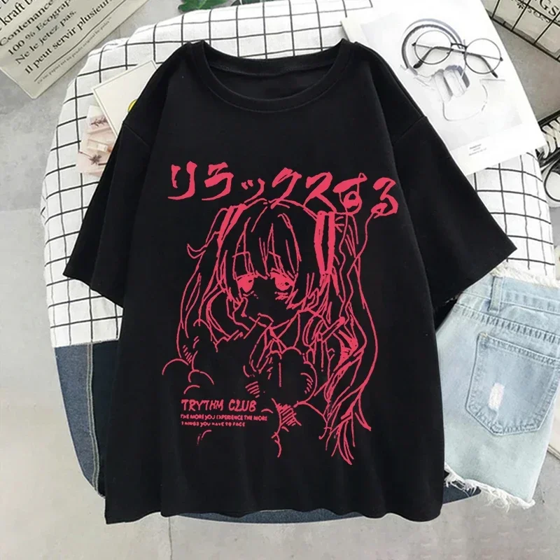 Harajuku Anime Print camiseta de manga curta feminina, top extragrande, roupas gráficas, kawaii, Y2K