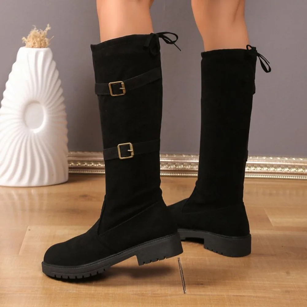 Modische Schnallen-Dekorations-Kniehohe Stiefel für Damen 2025 Herbst Einfarbige Slip-on-Stiefel mit Schleifendesign Modische Stiefel – Detail 10