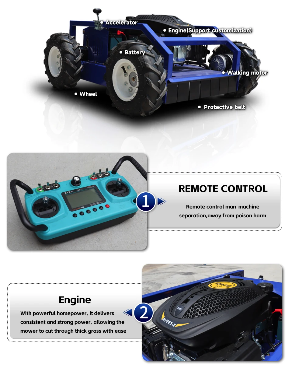 강력한 등판 능력을 가진 지능형 원격 제어 정원 잔디 깎는 기계, 효율적인 제초 및 내구성 있는 자주식 디자인