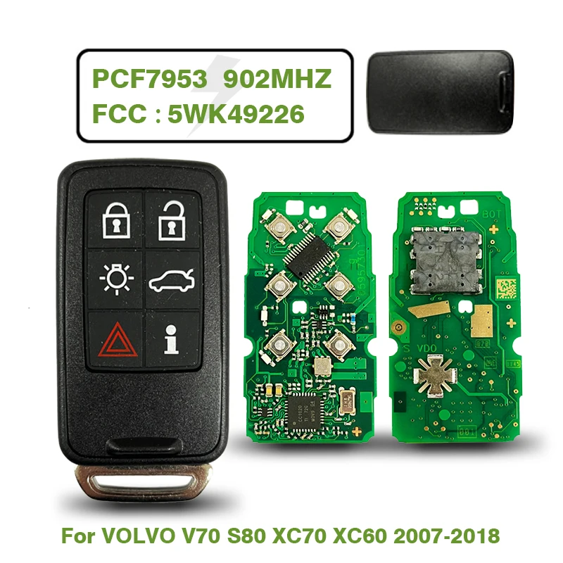 CN050004 Aftermarket 6 przycisków Auto inteligentny klucz dla 2007-2018 Volvo V XC 60 XC 70 S60 pilot zdalnego sterowania 902MHz PCF7953 Chip FCC