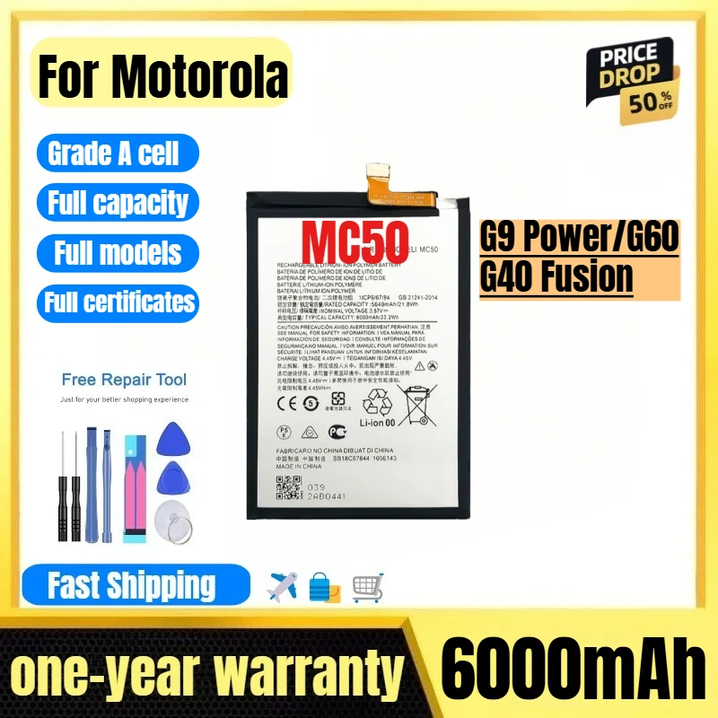 MC50 for Motorola G9 Power/G60/G40 Fusion Phone Battery High Quality High Capacity Replacement Bateria Grade A Cell with Tools