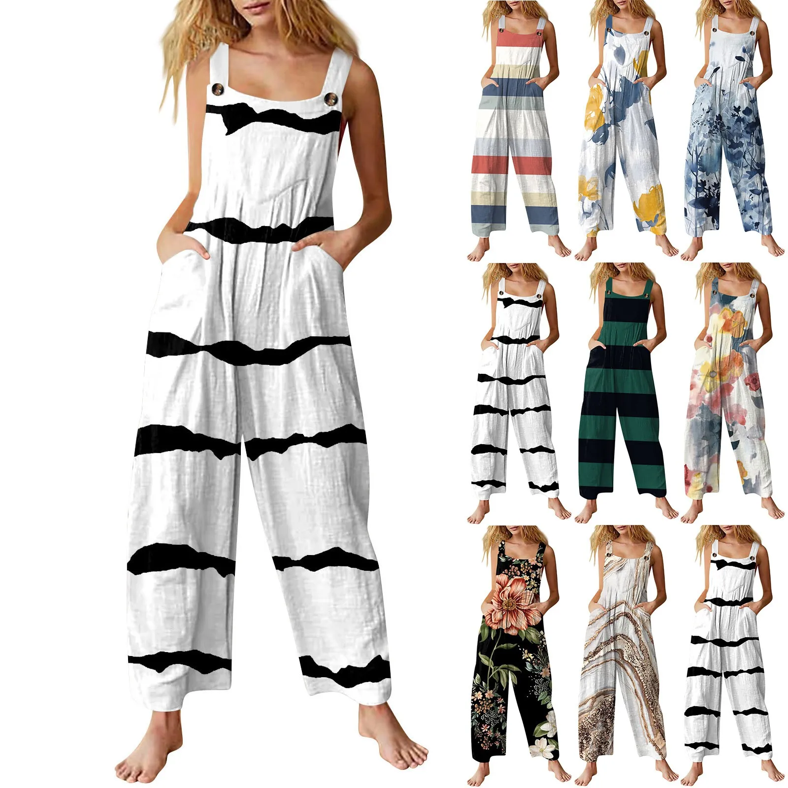 Womens Casual Overalls Jumpsuits Adjustable Straps Sleeveless Summer Comfy Rompers With Pocket Daily All-Match Cropped Jumpsuits